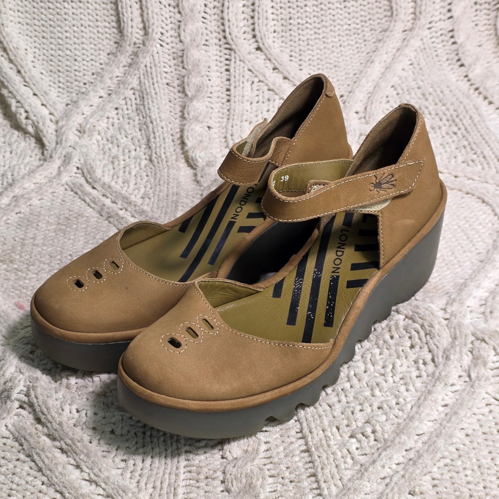 Fly London Tan Wedge Mary Jane Shoes
